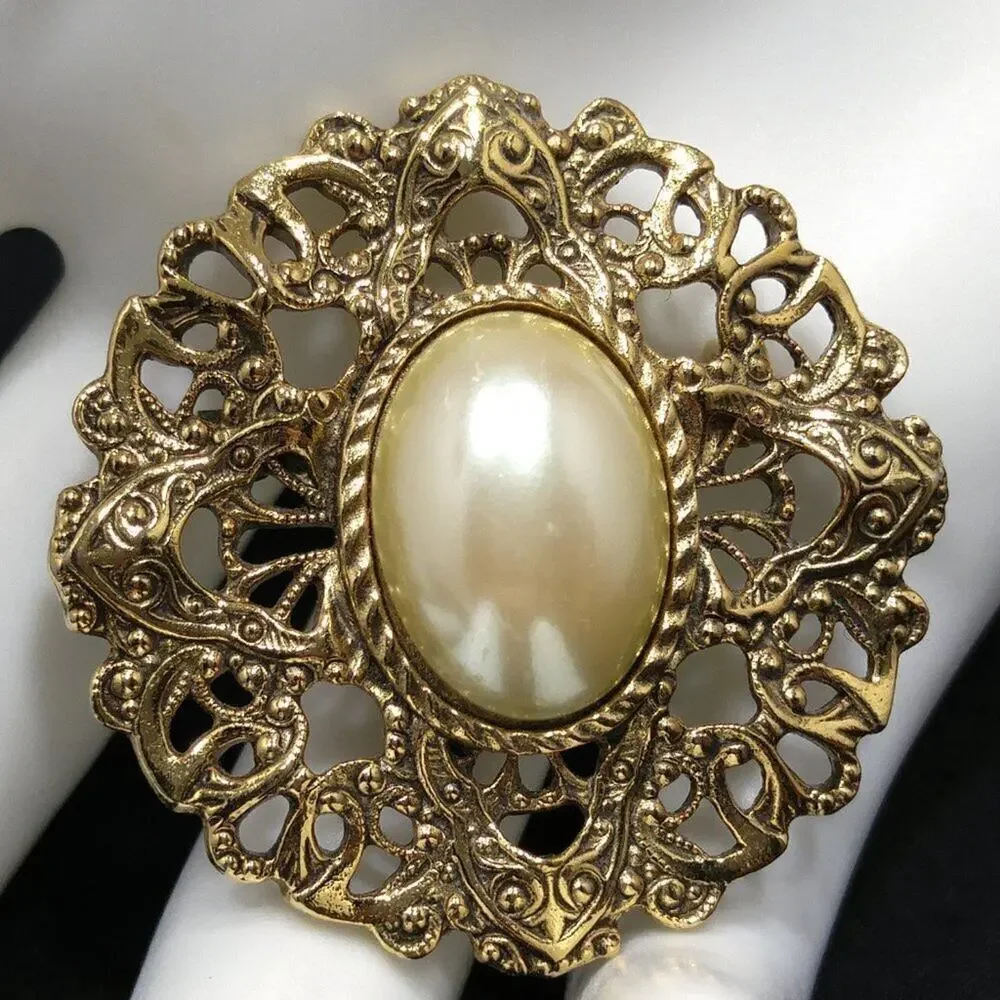 Vintage 1928 Faux Pearl Brooch, Gold Tone Filigree Patterned Back, 1990s, 1 1/2